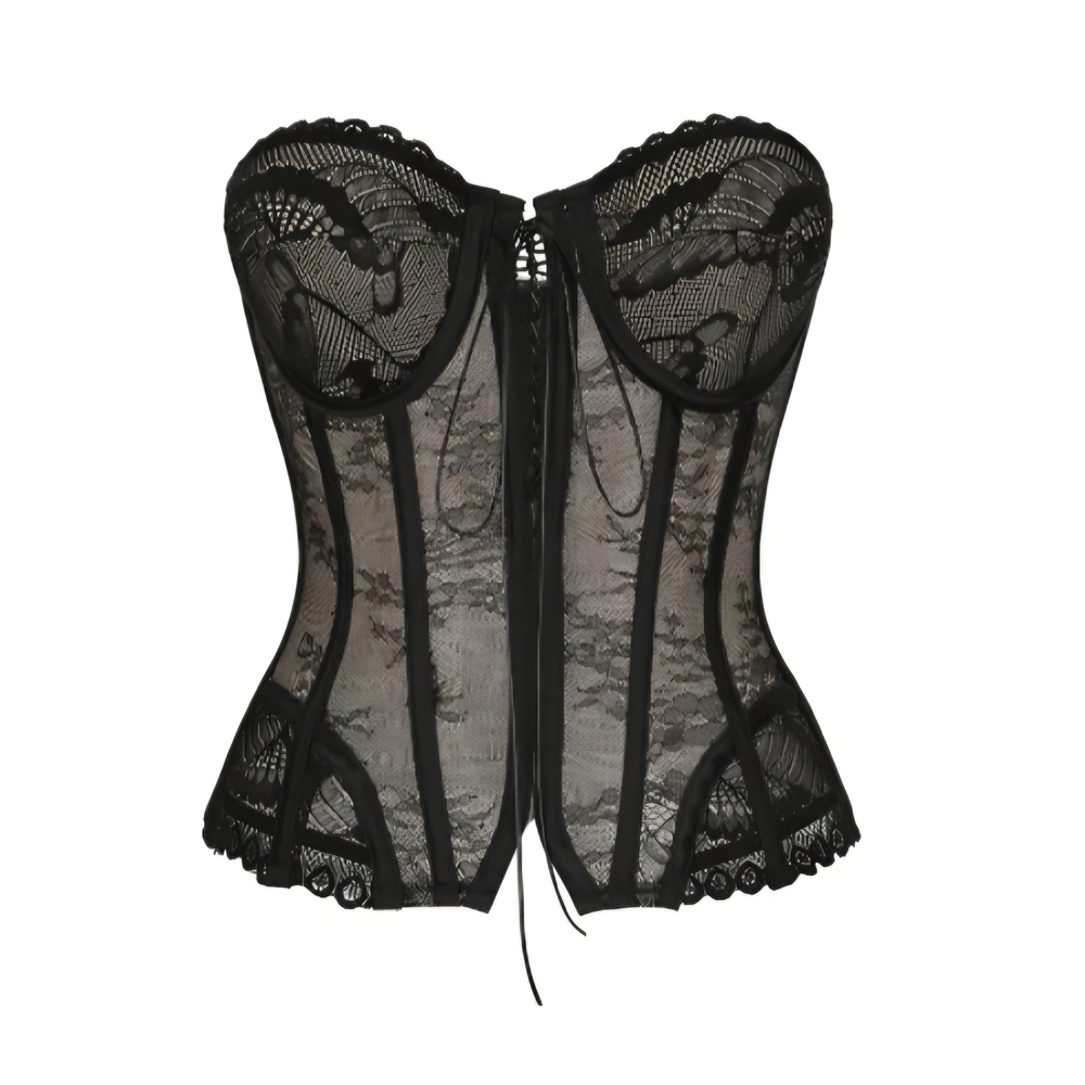 Venus Corset. Sheer Black Lace Strapless Corset Bustier with Front Ties